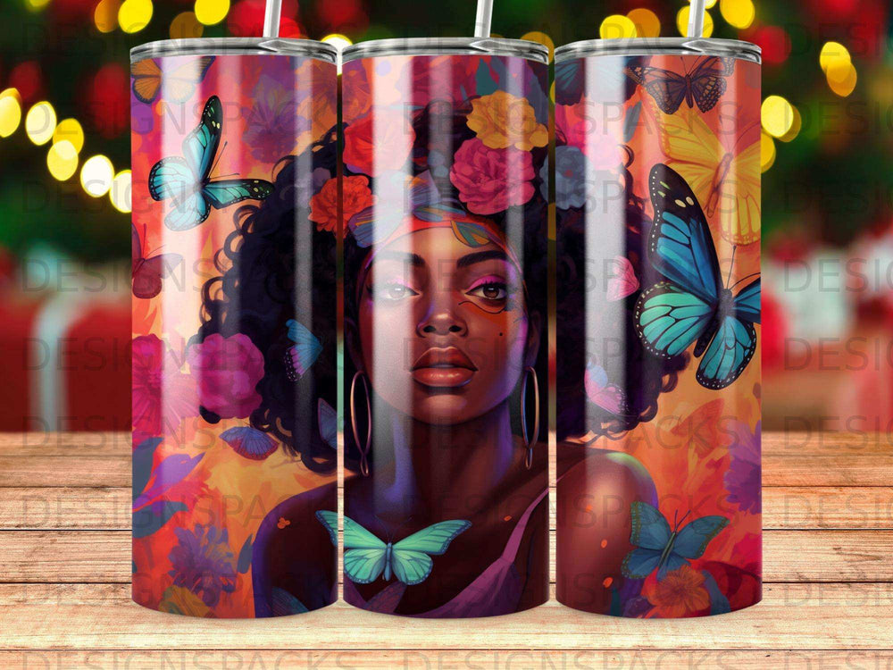 Woman with butterflies and flowers, vibrant colors, on a tumbler.