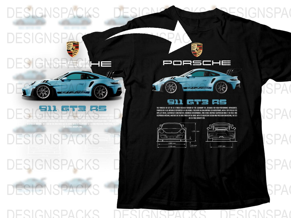Porsche 911 GT3 RS T-Shirt, Automotive Enthusiast, Car Blueprint Design, Stylish Sports Car Tee, Collectors Item, Unisex Fashion