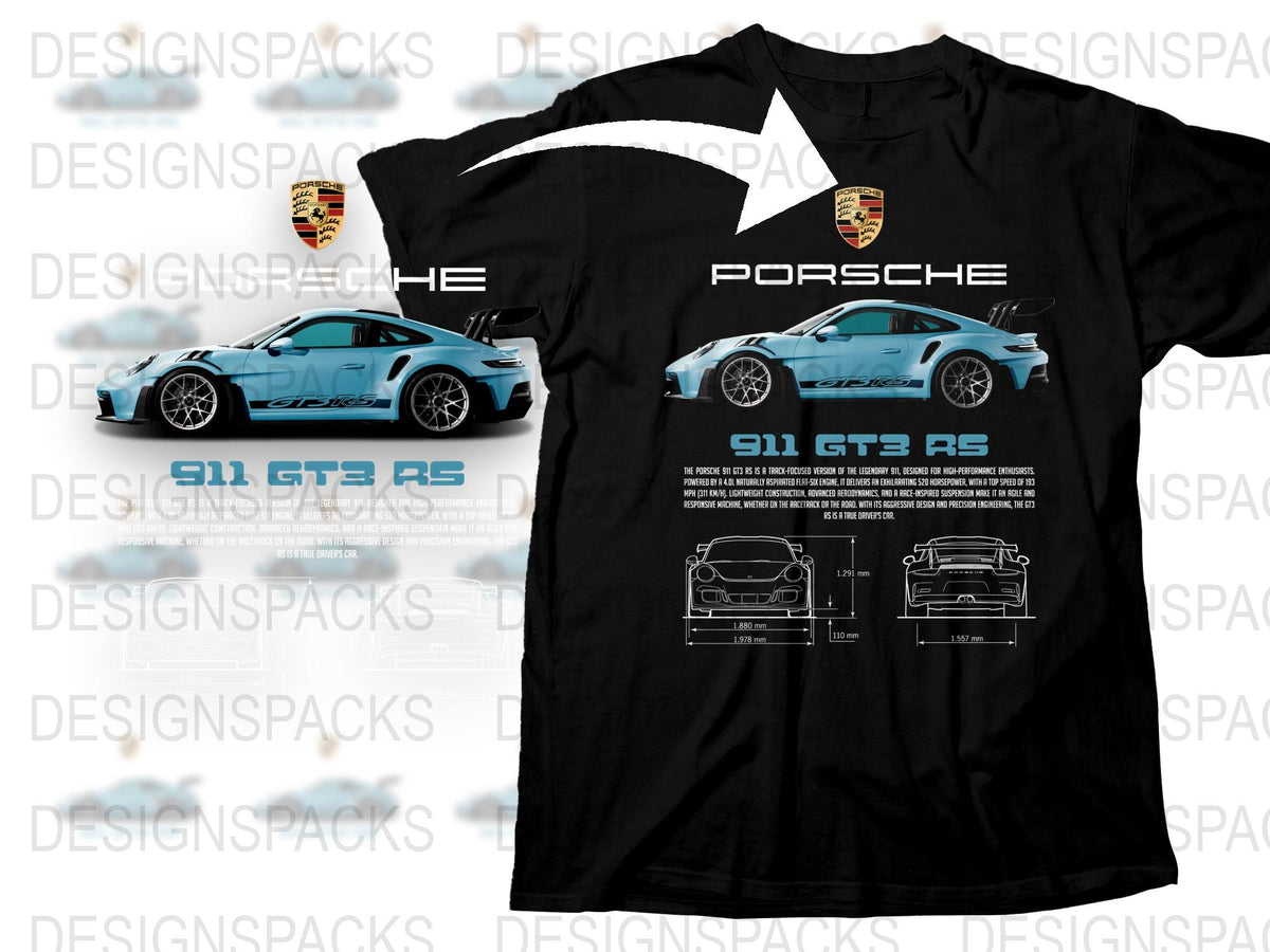 Porsche 911 GT3 RS T-Shirt, Automotive Enthusiast, Car Blueprint Design, Stylish Sports Car Tee, Collectors Item, Unisex Fashion