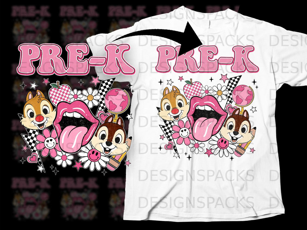 Pink "PRE-K" text with Chipmunks, lips, flowers, and checkered flags.