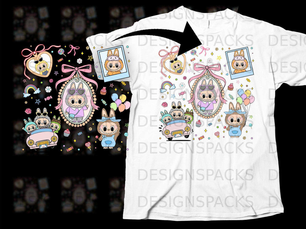 Cute Cartoon Bunny Kids with Heart Balloons T-shirt