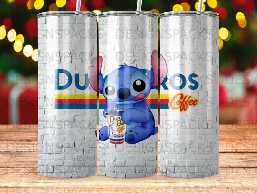Stitch character holding a Durkos Coffee cup, white brick background.