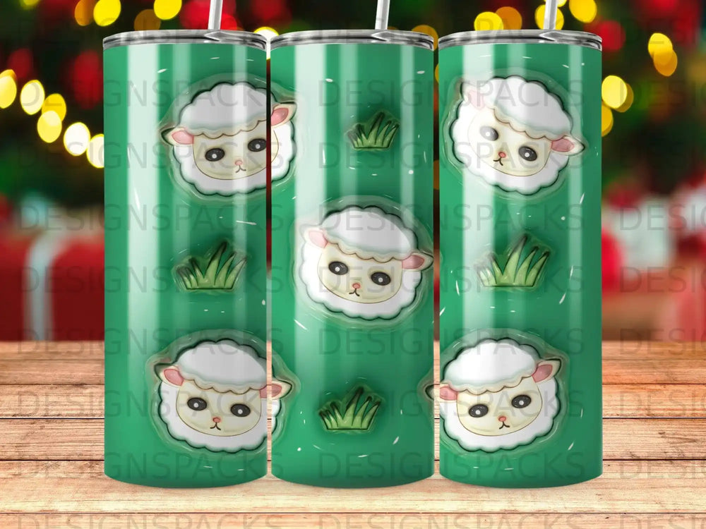 Green tumbler with cartoon sheep and grass design.