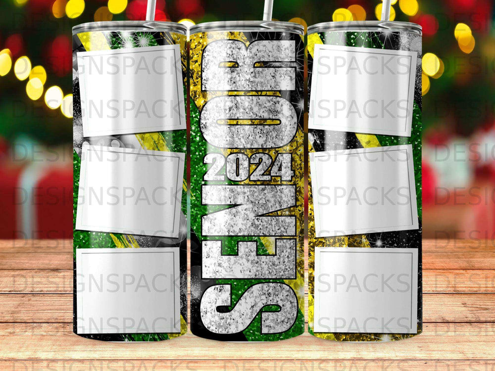 Tumbler with "SENIOR 2024" in glitter and a green and yellow striped background.
