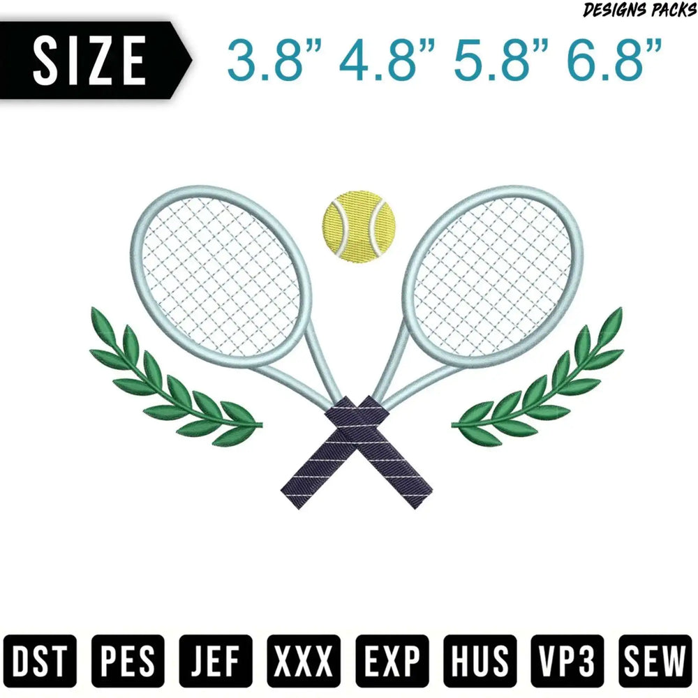 Tennis rackets with laurel leaves, ball, and size information.
