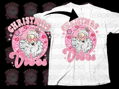 Festive Christmas Vibes T-Shirt, Santa Claus Graphic, Pink Holiday Casual Wear for All Ages