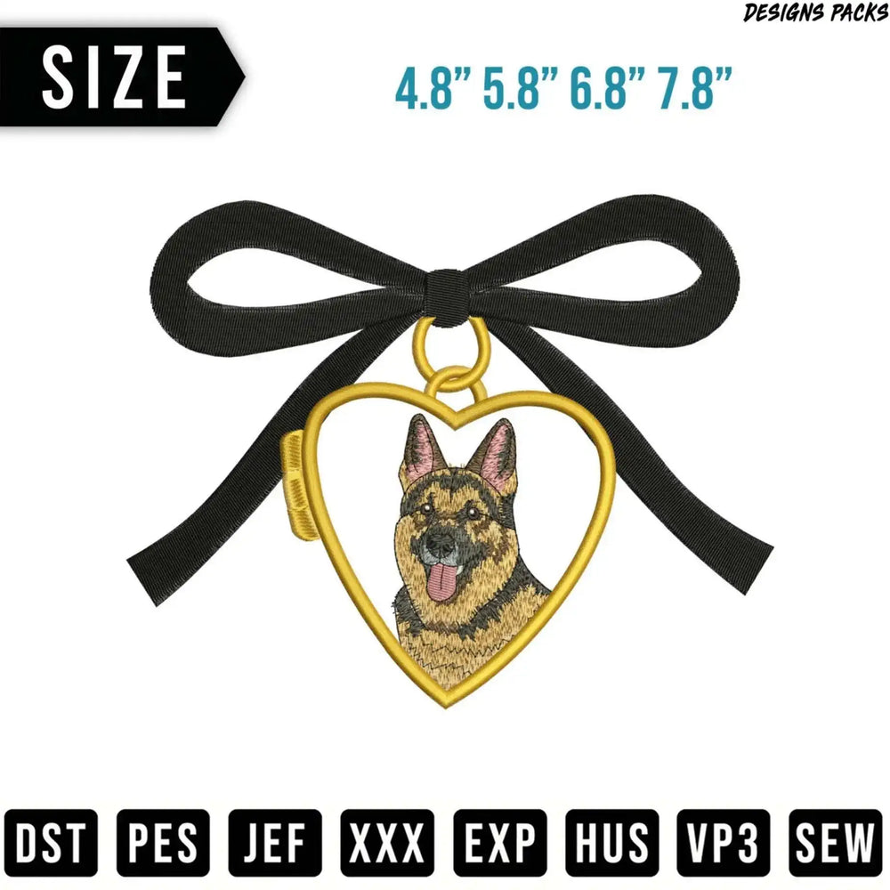 German Shepherd heart pendant embroidery design with size options and file formats.