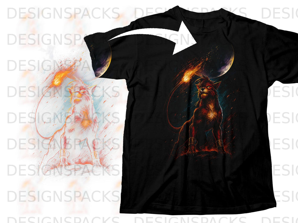Black t-shirt with a fiery lion-like creature and a celestial body design.