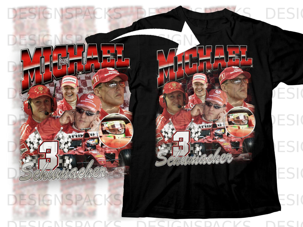 Michael Schumacher collage with racing car and checkered flags on a black t-shirt.