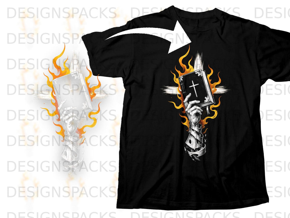 Black t-shirt featuring a skeletal hand holding a flaming bible and cross design.