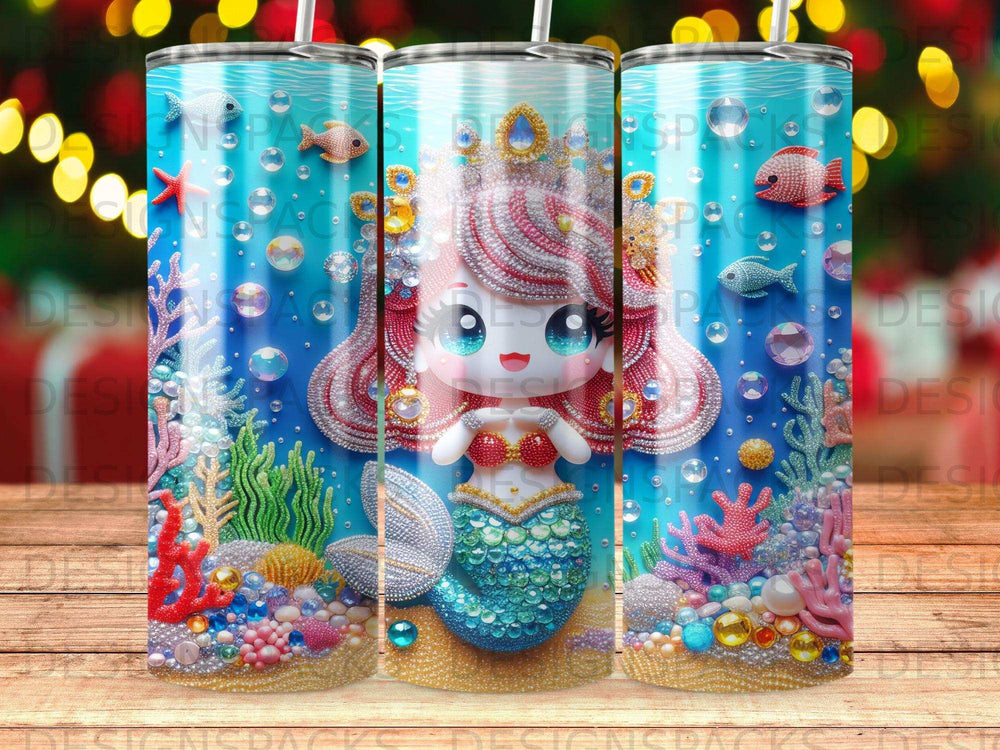 Sparkling mermaid with colorful jewels and coral reef.