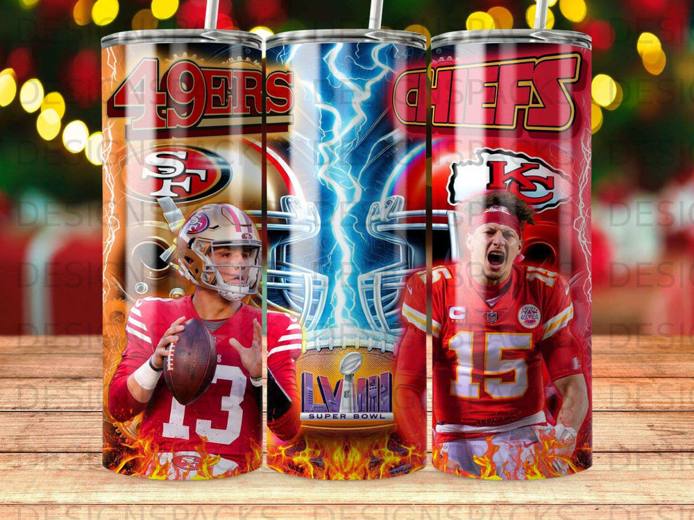 Kansas City Chiefs and San Francisco 49ers Super Bowl LIV tumbler with player numbers.