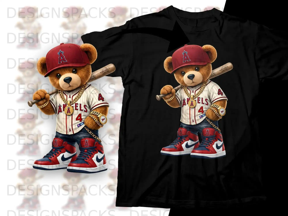 Bear wearing Angels uniform and holding baseball bat.