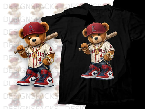 Bear wearing Angels uniform and holding baseball bat.