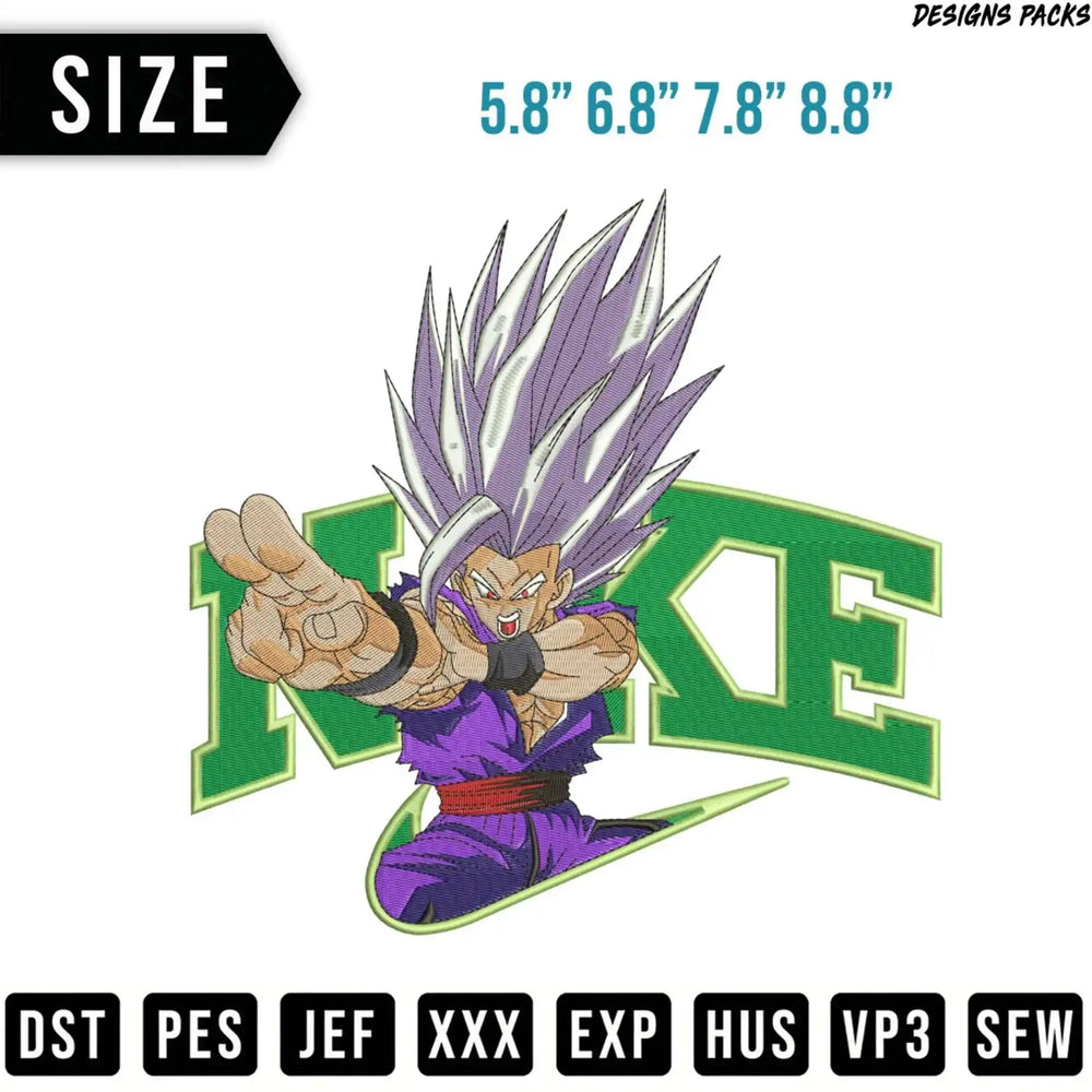 Gohan from Dragon Ball Z with Nike logo, available in multiple sizes.