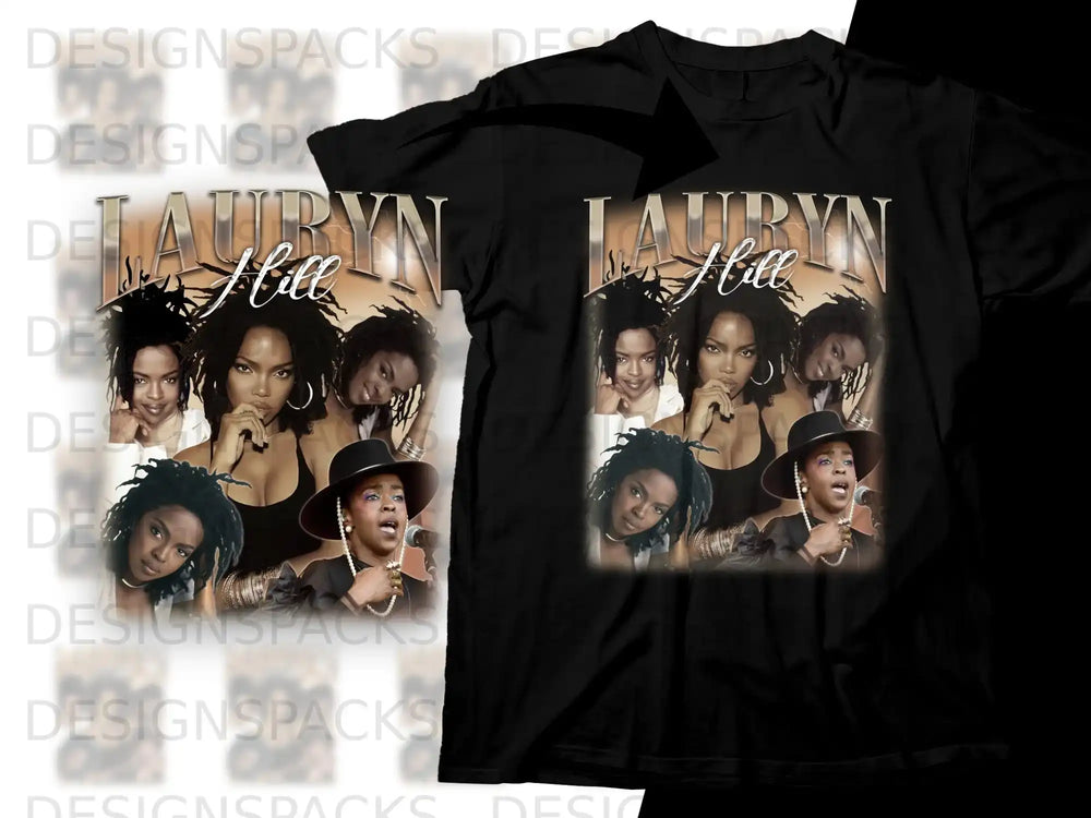 Lauryn Hill collage graphic on black t-shirt.