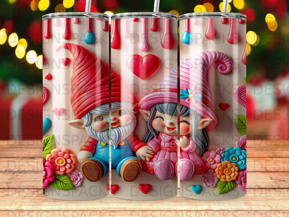 Two cute gnomes, one holding a red mushroom, with flowers.