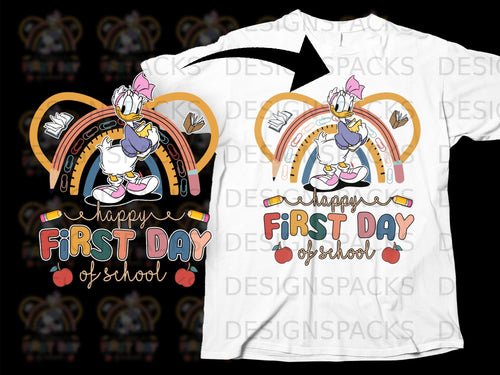 Daisy Duck with rainbow, books, and 