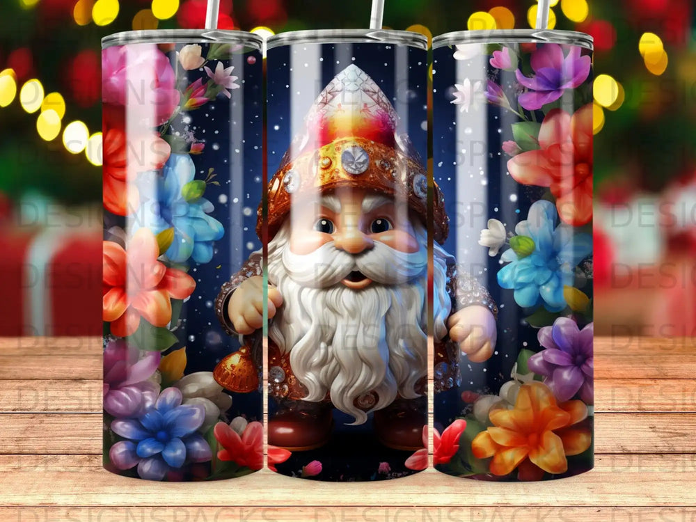 Gnome with beard and hat surrounded by colorful flowers.