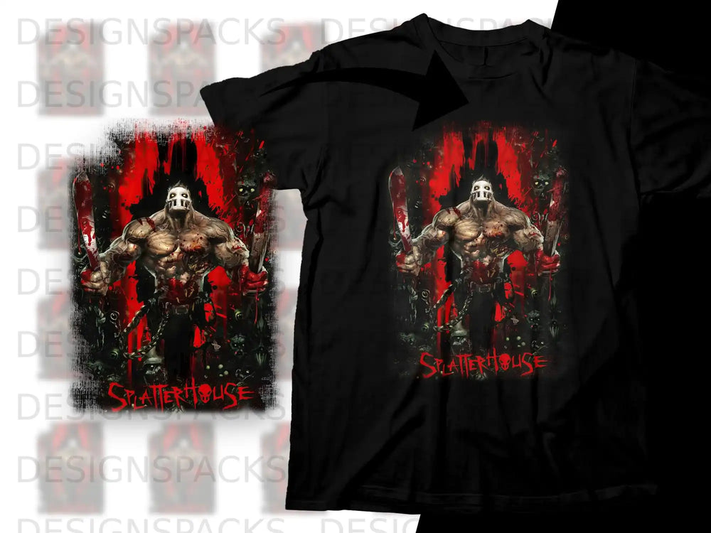 Black t-shirt with a gruesome, muscular figure wielding cleavers, the word "Splatterhouse" in red.