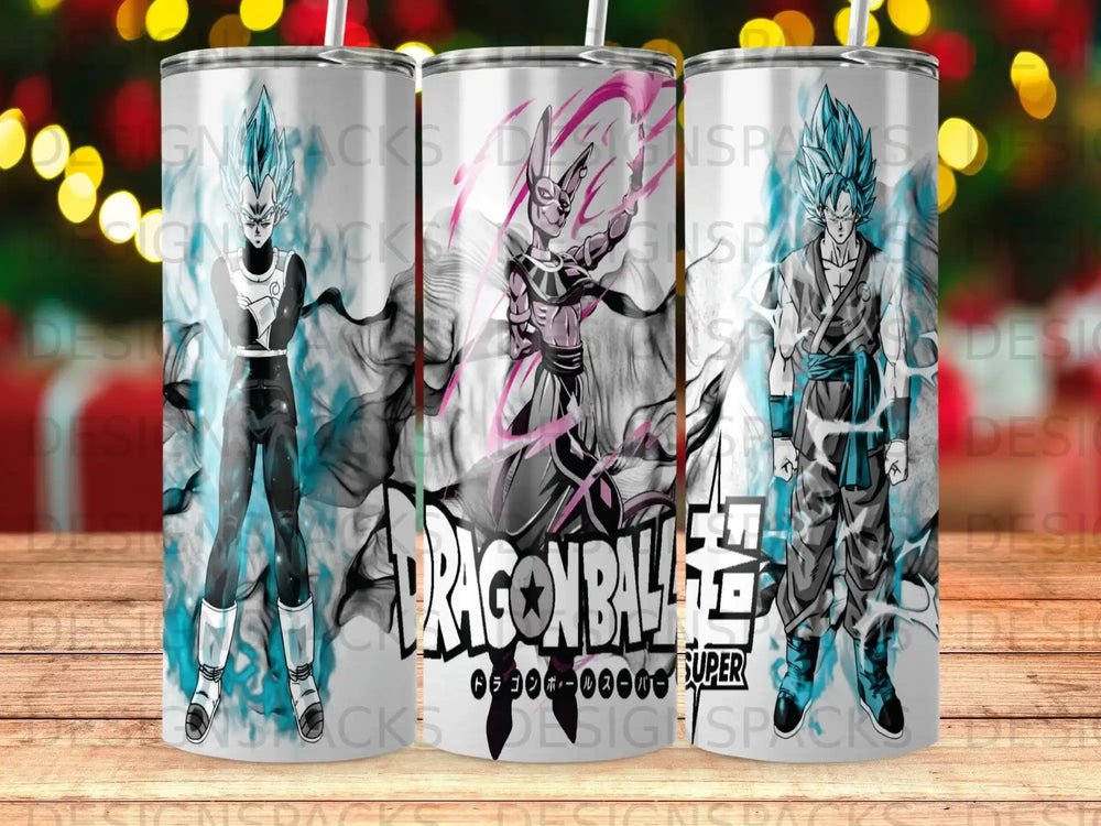 Dragon Ball Z characters Goku and Beerus on a metal tumbler.