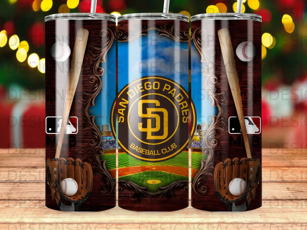 San Diego Padres baseball logo on a tumbler with baseball equipment.