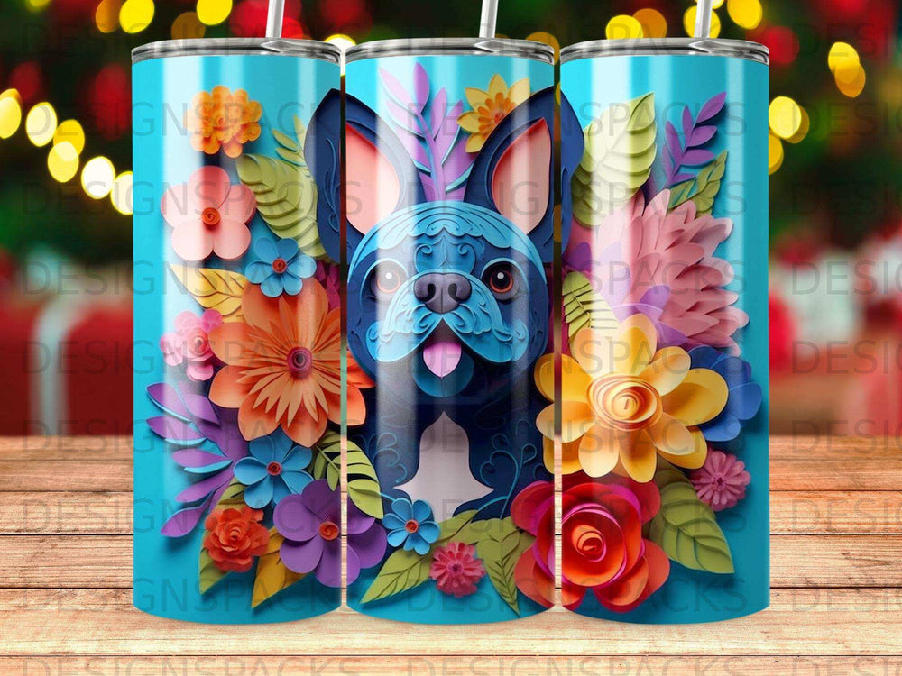 Blue French bulldog with colorful floral accents on a teal tumbler.