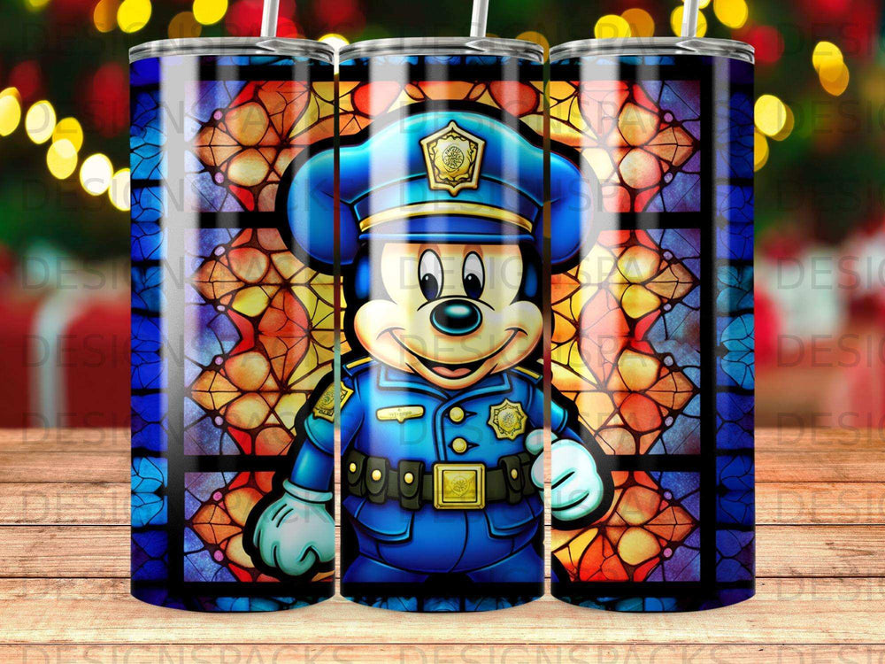Mickey Mouse as a police officer in blue uniform, stained glass background.