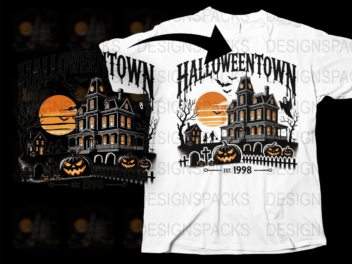 Halloween Town T-Shirt, Spooky Haunted House Graphic Tee, Full Moon and Pumpkins, Unisex Halloween Apparel, Est. 1998 Design