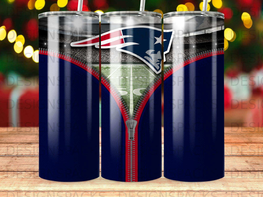 New England Patriots stadium zipper design on three tumblers.