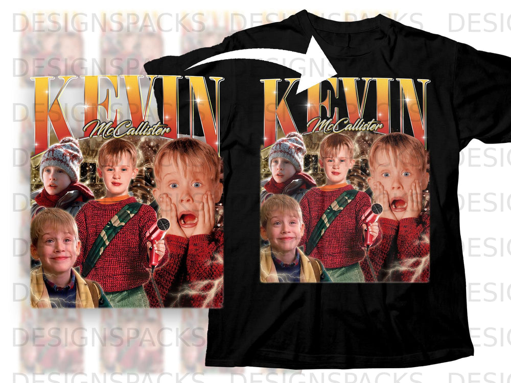 Kevin McCallister collage with lightning effects on a black t-shirt.