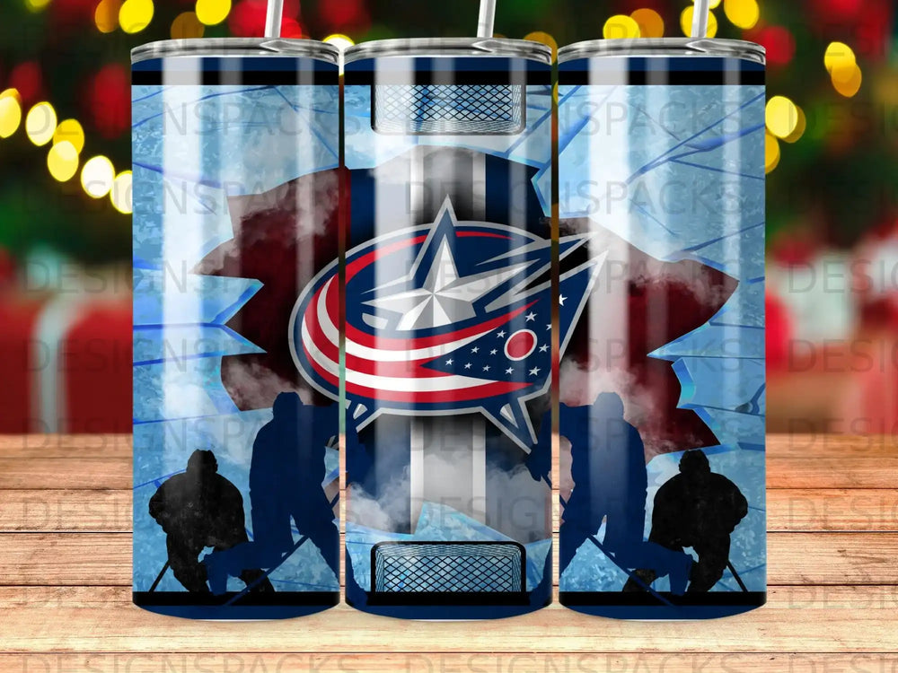 Columbus Blue Jackets logo with hockey players and net on a tumbler.