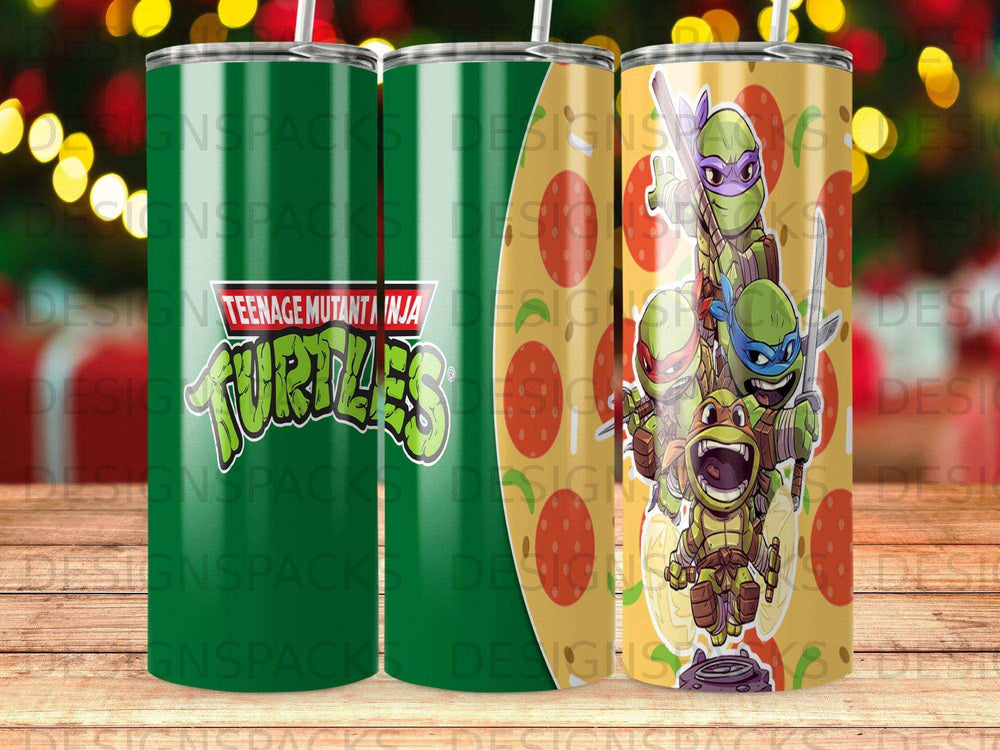 Teenage Mutant Ninja Turtles tumbler with pizza and character graphics.