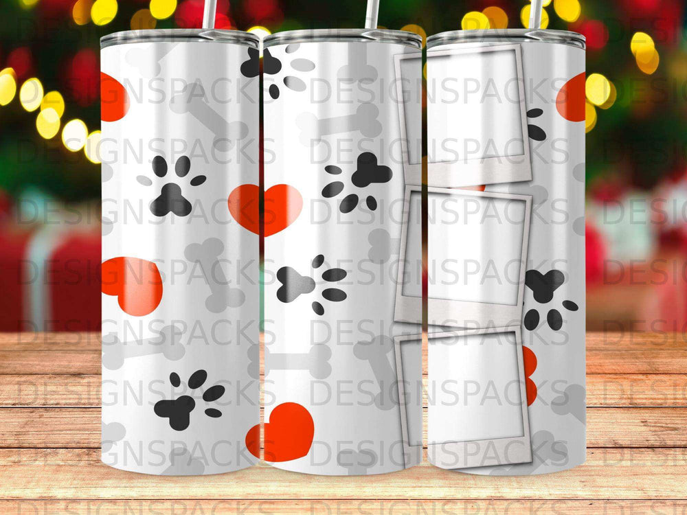 Three tumblers with a white background and red hearts and paw prints.