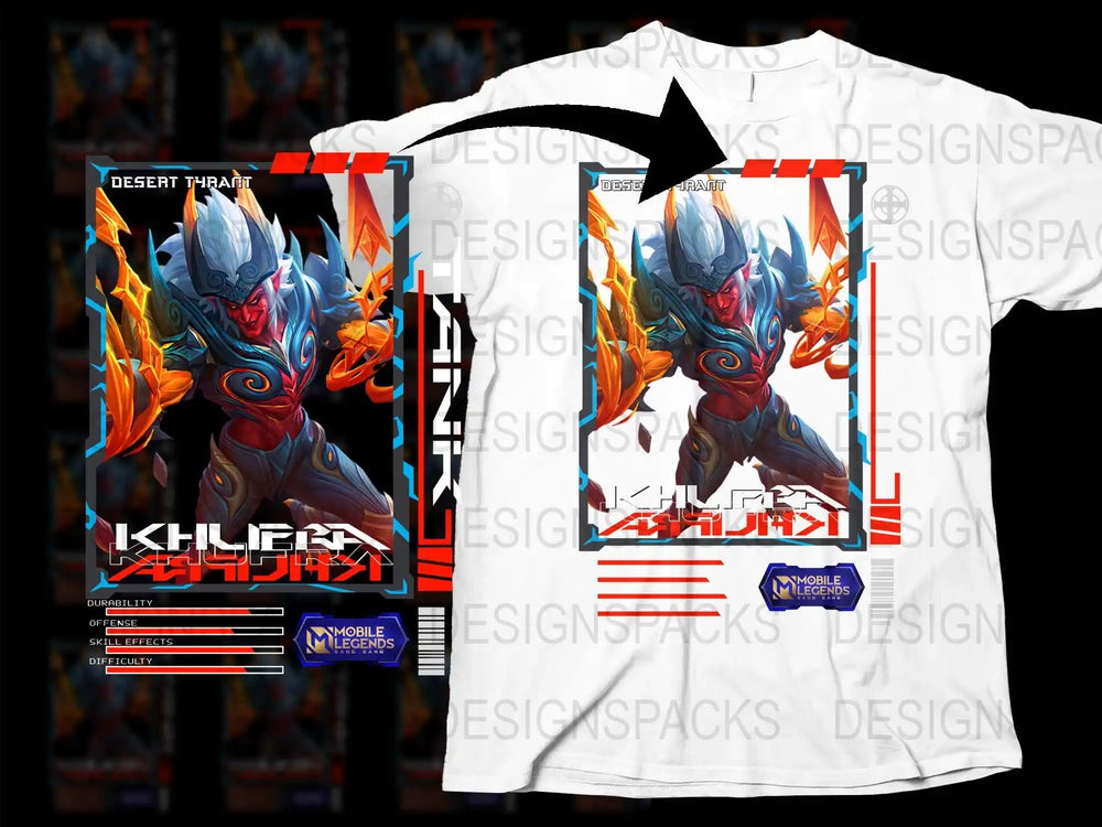 Fantasy Warrior T-Shirt Desert Tharaf, Khrafi Design, Mobile Legends Fan Art Shirt, Vibrant Graphic Tee