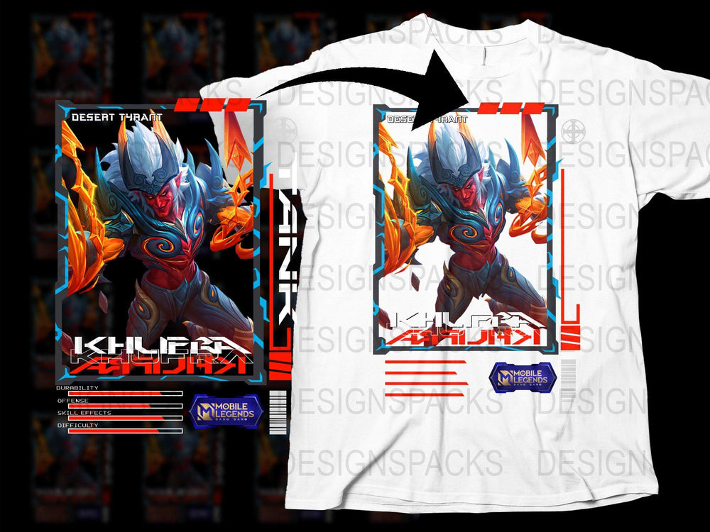 Fantasy Warrior T-Shirt Desert Tharaf, Khrafi Design, Mobile Legends Fan Art Shirt, Vibrant Graphic Tee