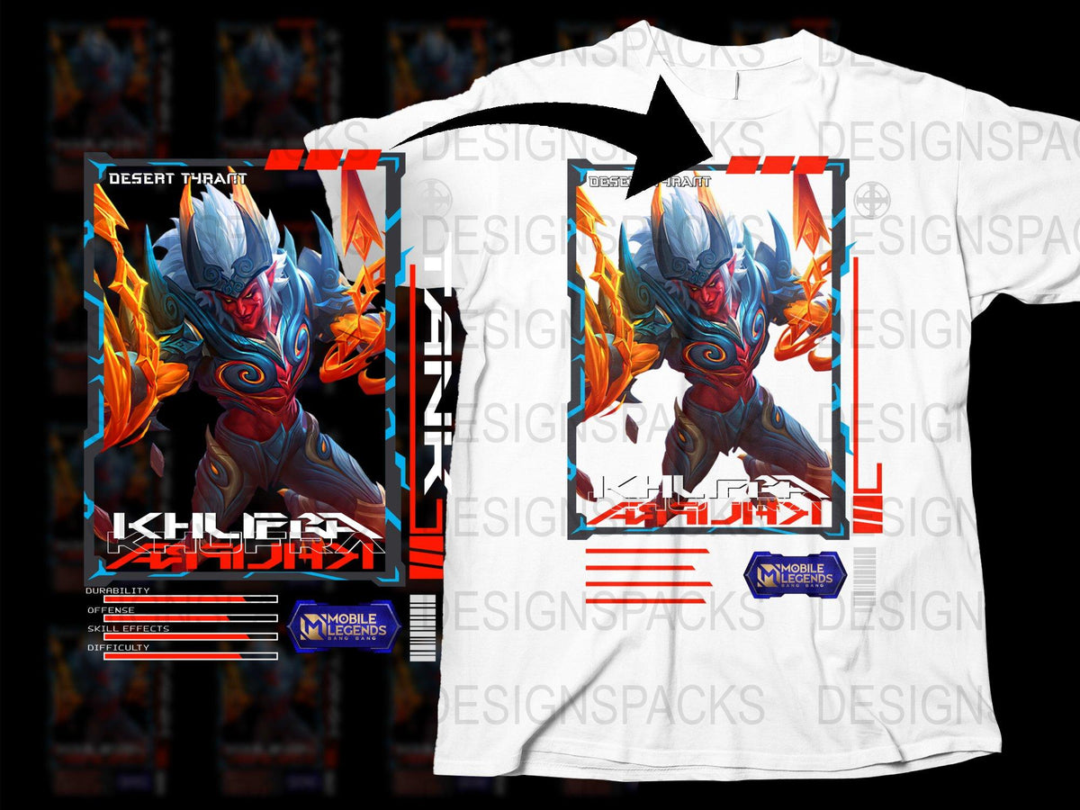 Fantasy Warrior T-Shirt Desert Tharaf, Khrafi Design, Mobile Legends Fan Art Shirt, Vibrant Graphic Tee