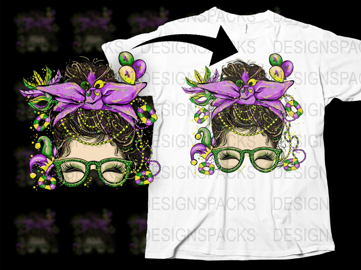 Mardi Gras T-Shirt with Woman Design, Colorful Beads and Mask, Festive Carnival Apparel, Unique Party Outfit