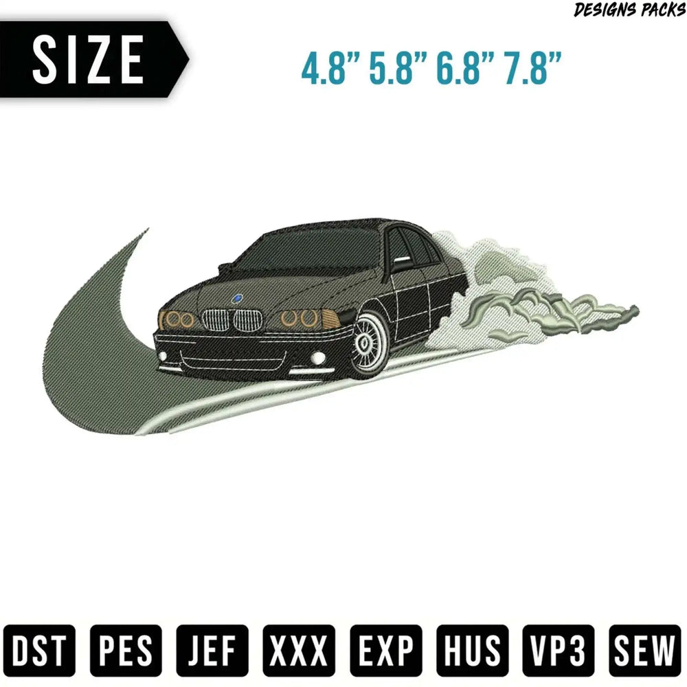 Black BMW E46 M3 on a white background with Nike swoosh and file formats.