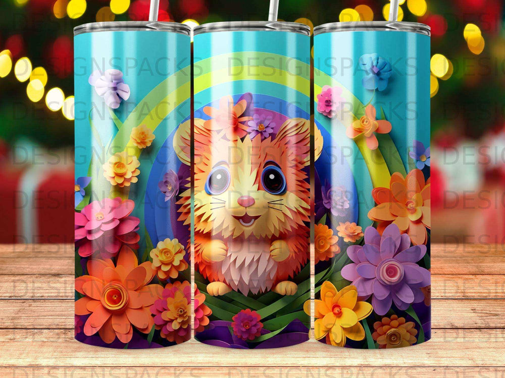 Cute cartoon cat with flowers and rainbow pattern on a tumbler.