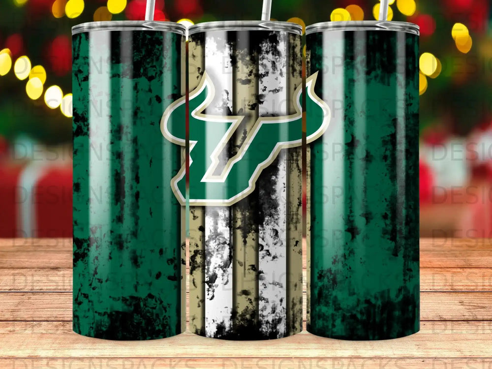 Green and white distressed USF Bulls logo tumbler with straw.