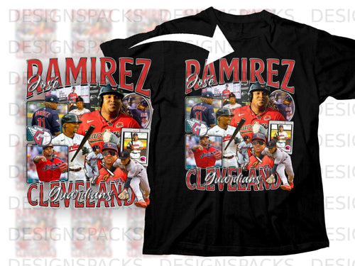 Black t-shirt with Jose Ramirez Cleveland Guardians design and collage of baseball player images.