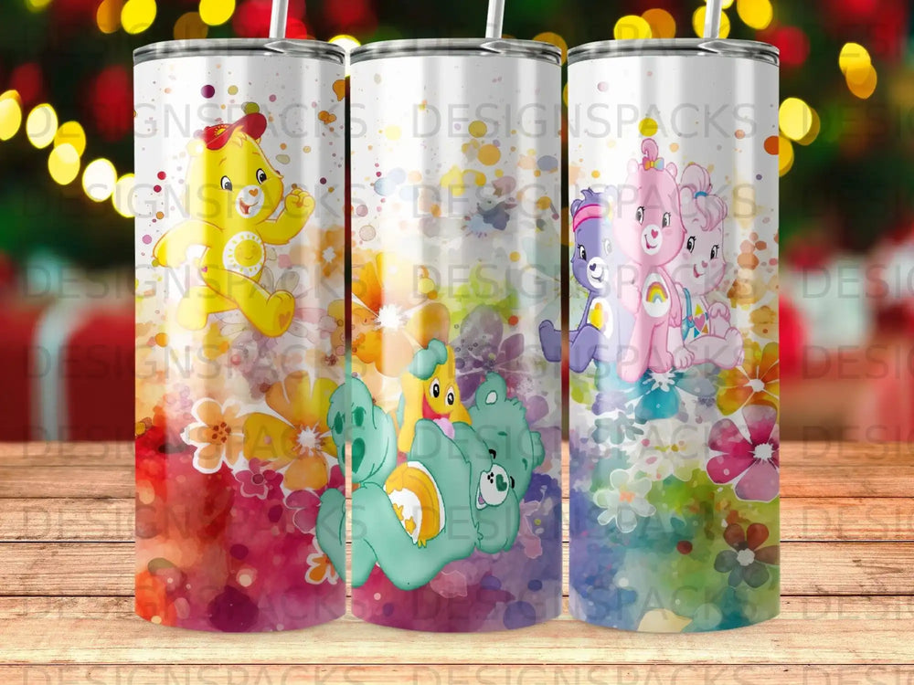 Three Care Bears tumblers with colorful floral and watercolor backgrounds.