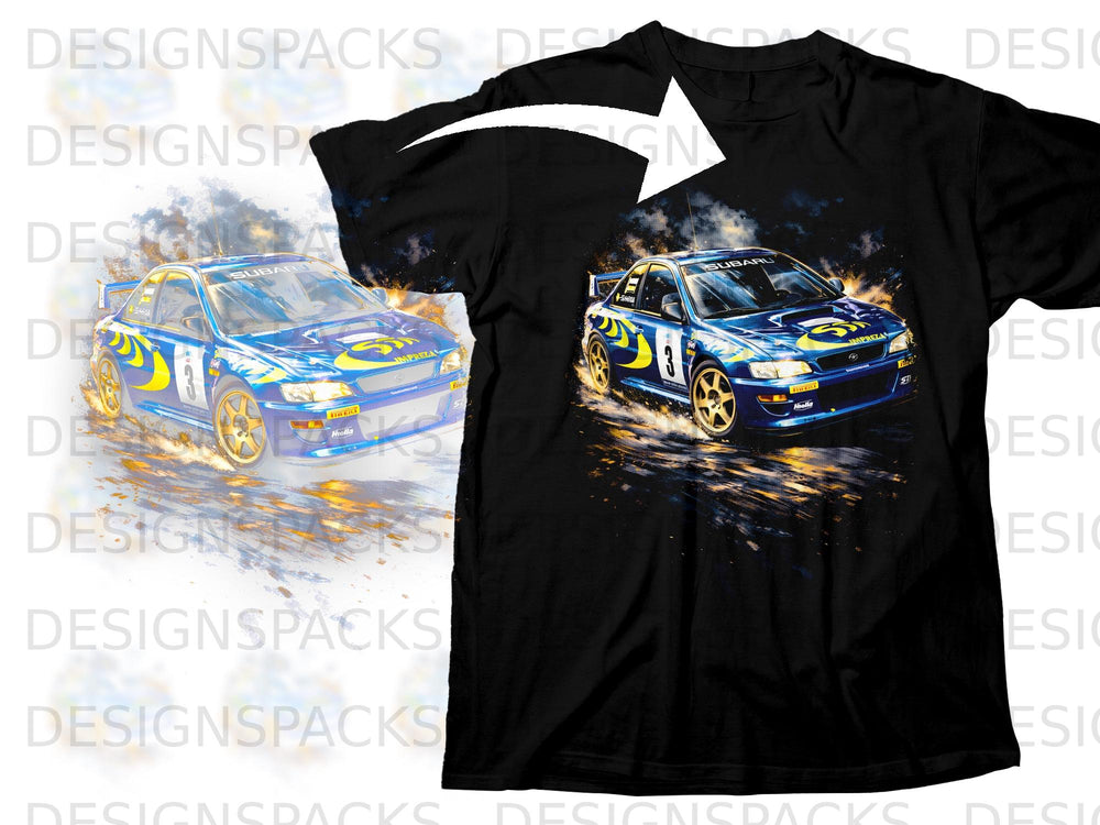 Black t-shirt featuring a blue Subaru Impreza rally car with yellow accents.