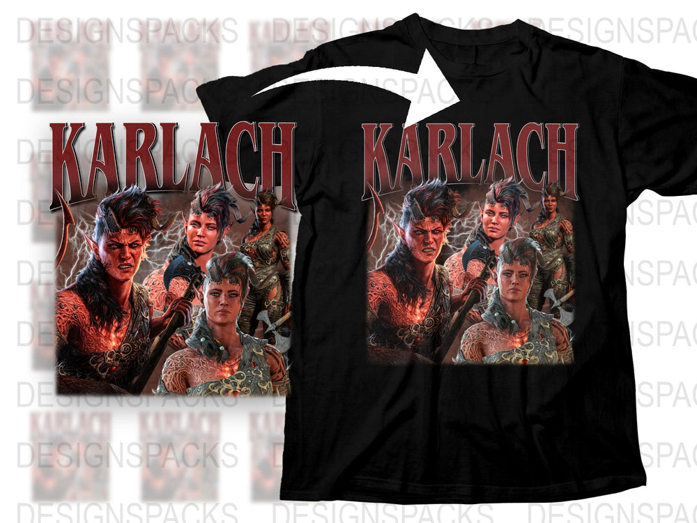 Karlach Inspired T-Shirt, Fantasy Warrior Graphic Tee, Unisex Black T-shirt, Gaming and Role-Play Apparel