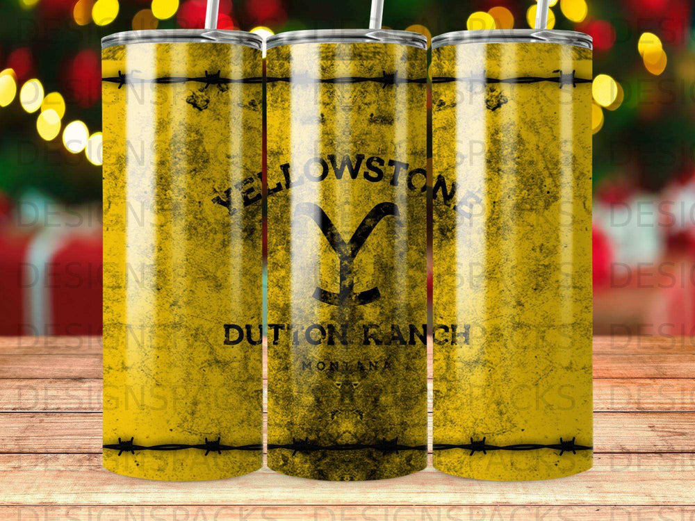 Yellowstone Dutton Ranch tumbler with barbed wire and distressed yellow background.