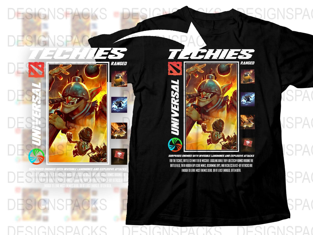 Universal Techies Ranged Gamer T-Shirt, Graphic Tee, Cool Video Game Apparel, Black Shirt with Colorful Print