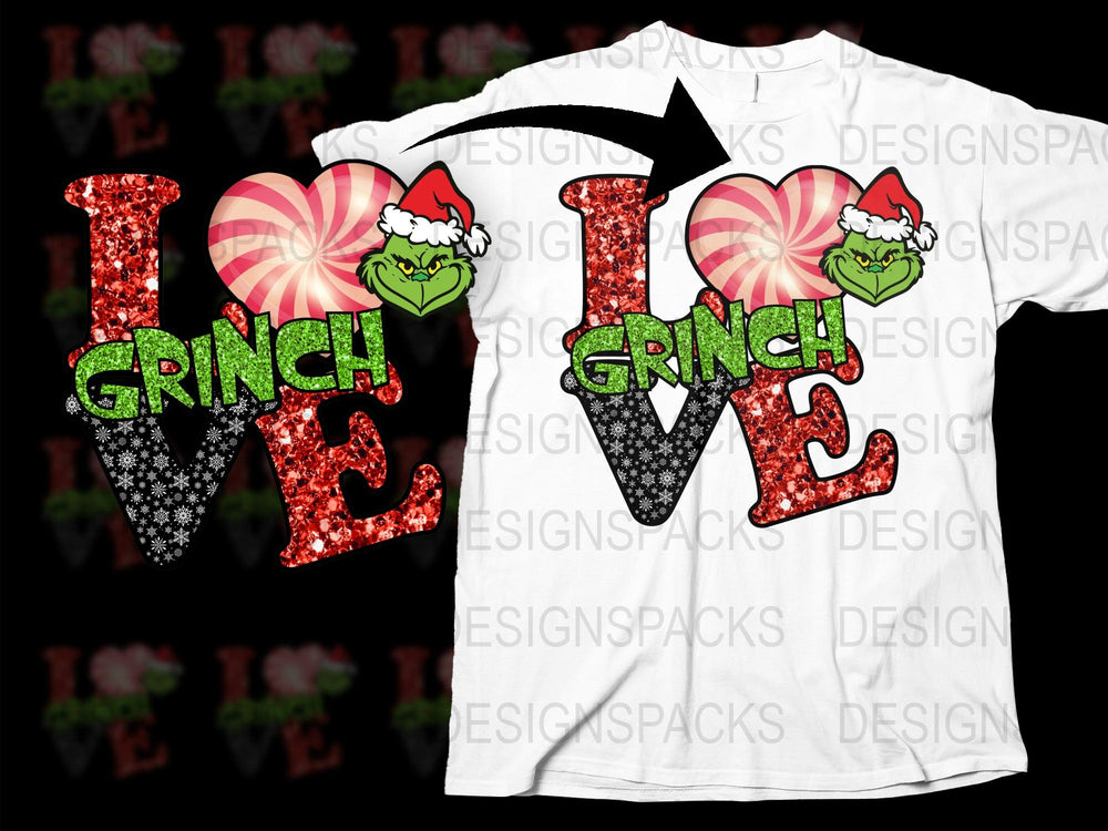 Grinch Love T-Shirt, Santa Hat Heart Christmas Tee, Festive Holiday Graphic Shirt, Unisex Adults and Kids Sizes