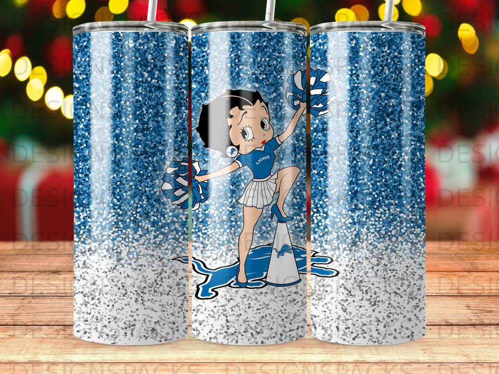 Betty Boop character with Detroit Lions logo and pom-poms on a glitter background.