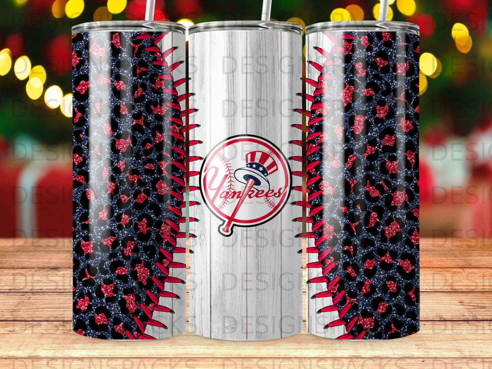 New York Yankees tumbler with baseball stitching and leopard print pattern.